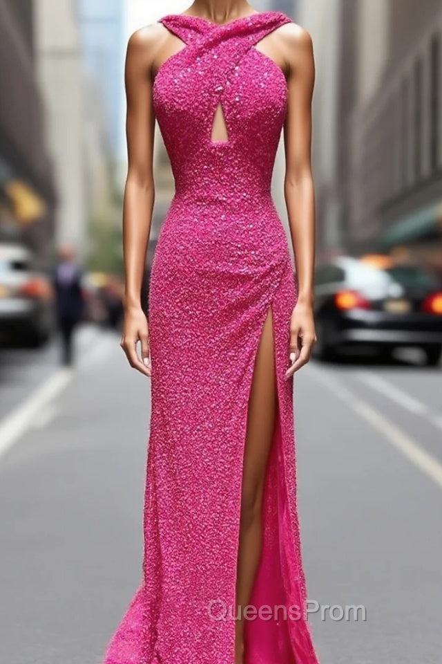 Fuchsia Sequins Backless Evening Prom Dress Main image