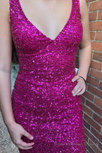 Fuchsia Sequins Backless Sheath Prom Dress