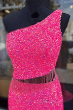 Fuchsia Sequins One Shoulder Cut-Out Tassels Long Evening Prom Dress With Slit