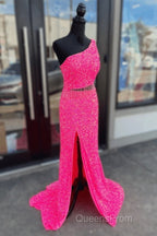 Fuchsia Sequins One Shoulder Cut-Out Tassels Long Evening Prom Dress With Slit