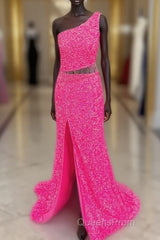 Fuchsia Sequins One Shoulder Cut-Out Tassels Long Evening Prom Dress With Slit