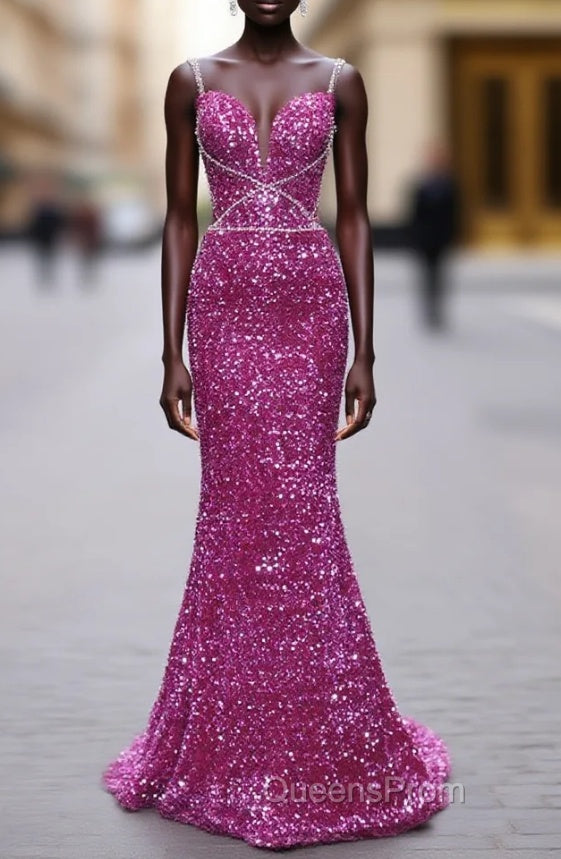 Fuchsia Sequins Spaghetti Straps Evening Prom Dress Main image