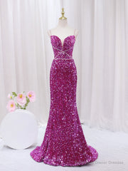 Fuchsia Sequins Spaghetti Straps Prom Dress