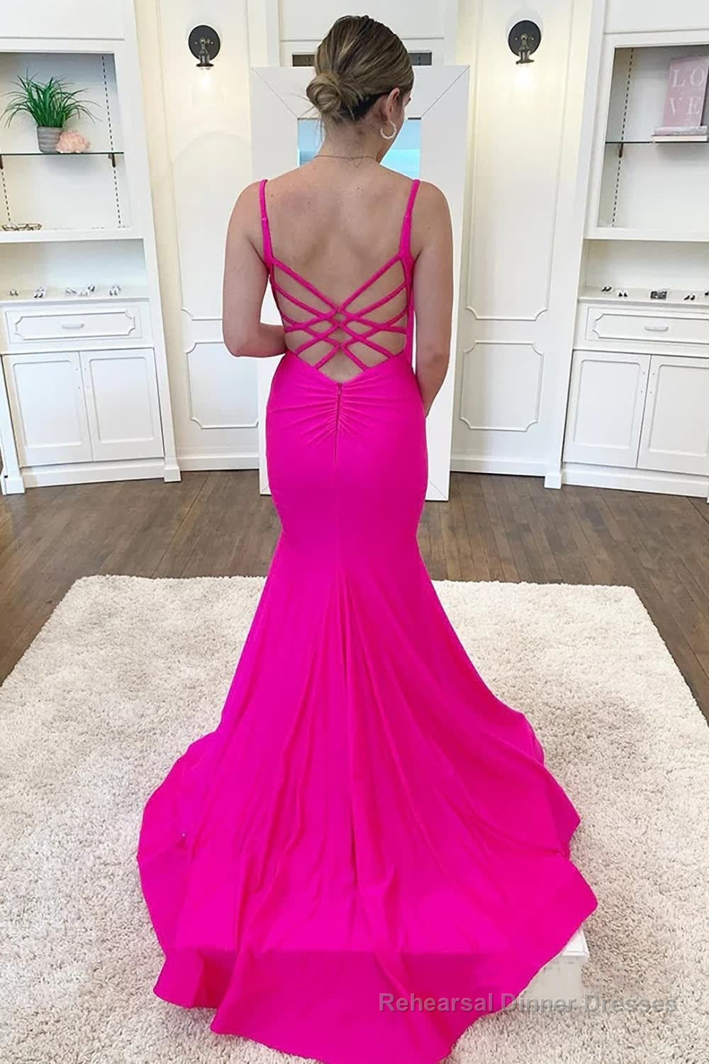 Fuchsia Spaghetti Straps Mermaid Long Prom Dress With Criss Cross Back Secondary image
