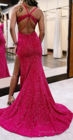 Fuchsia Sparkly Sequins Mermaid Open Back Long Prom Dress with Slit Formal Evening Dresses