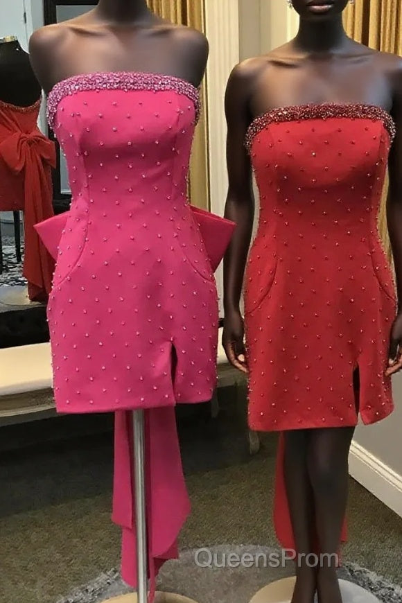 Fuchsia Strapless Beaded Bodycon Short Homecoming Dress with Bow Main image