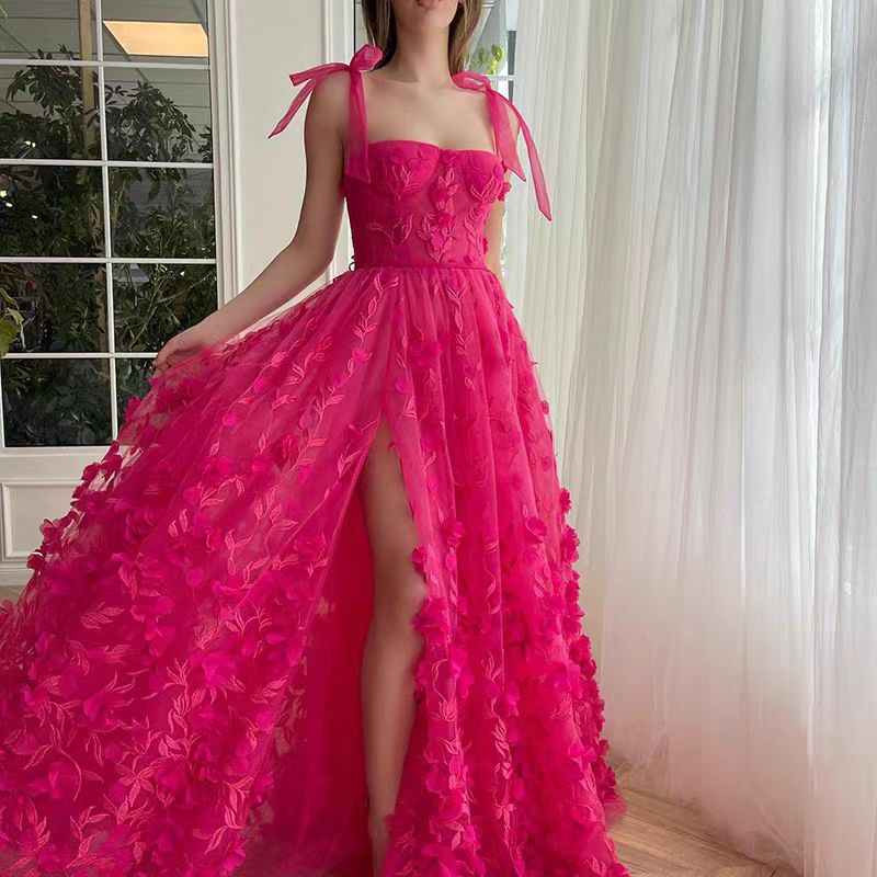 Fuchsia Tie Up Straps Lace Classy Prom Dress