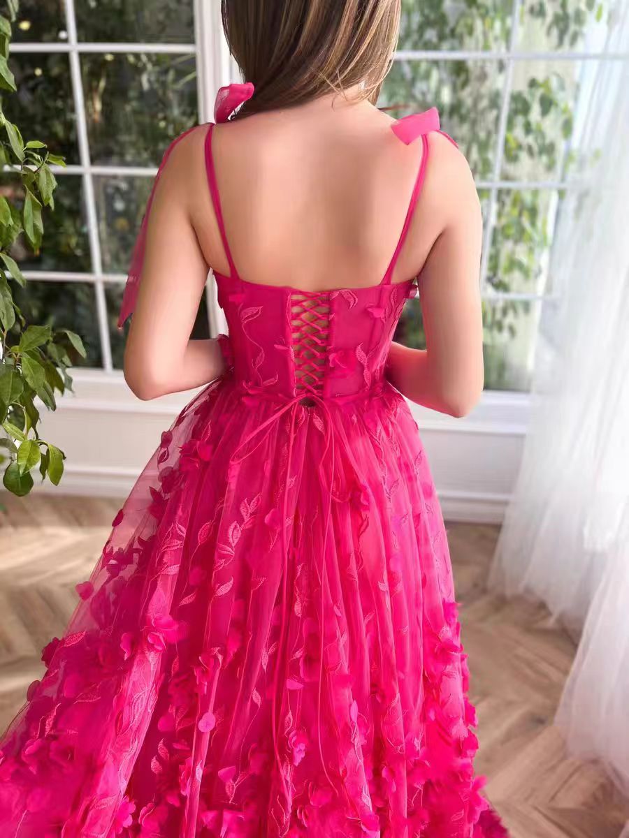 Fuchsia Tie Up Straps Lace Classy Prom Dress