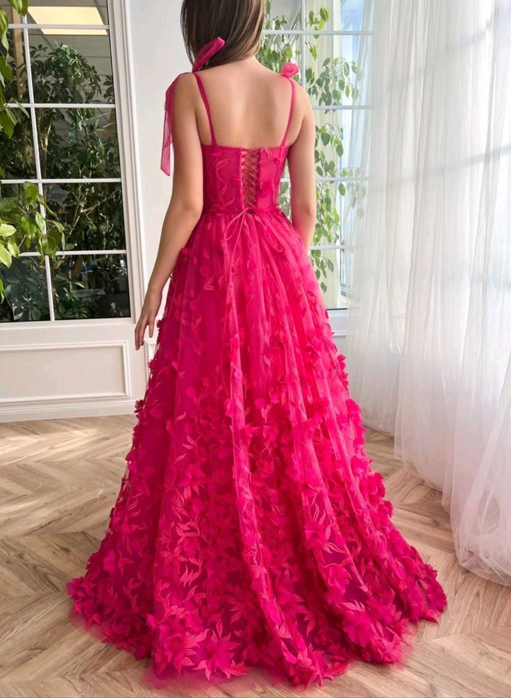 Fuchsia Tie Up Straps Lace Classy Prom Dress
