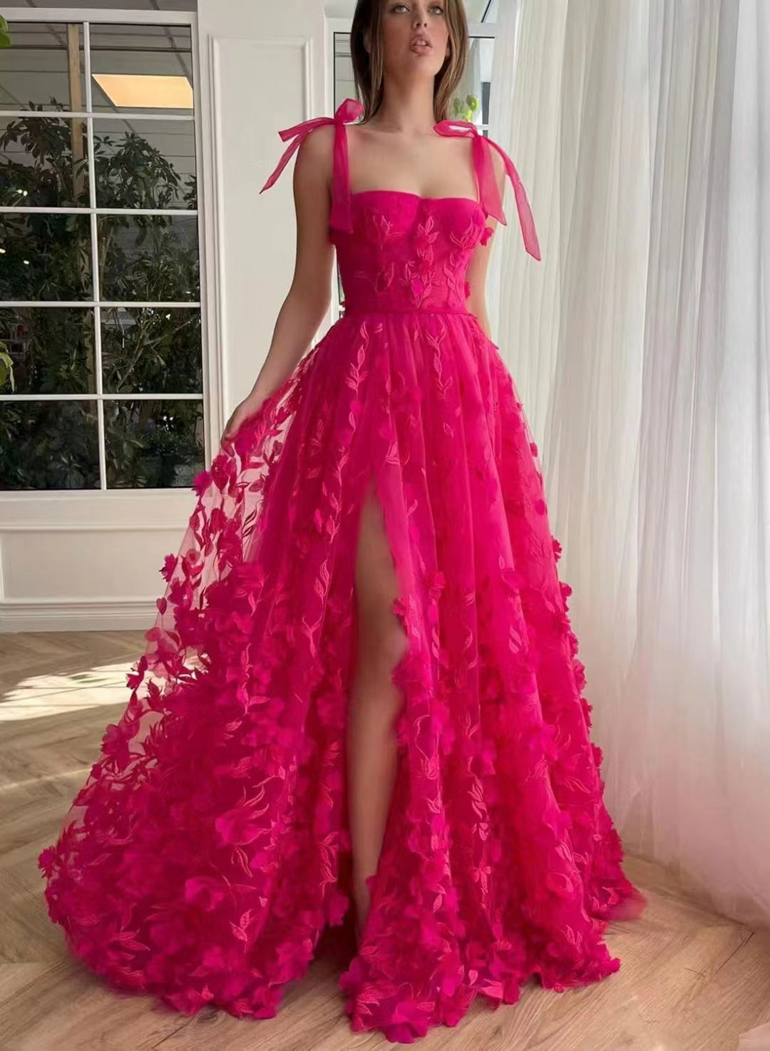 Fuchsia Tie Up Straps Lace Classy Prom Dress Main image