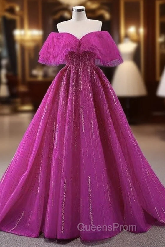 Fuchsia Tulle Beading Off the Shoulder Evening Prom Dress Main image