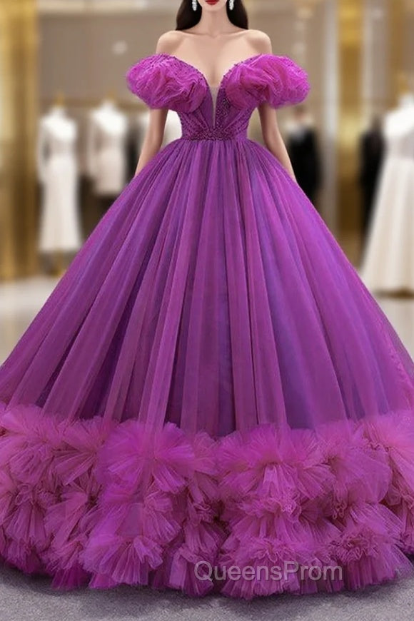 Fuchsia Tulle Off the Shoulder Pearls Evening Prom Dress