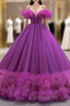 Fuchsia Tulle Off the Shoulder Pearls Evening Prom Dress