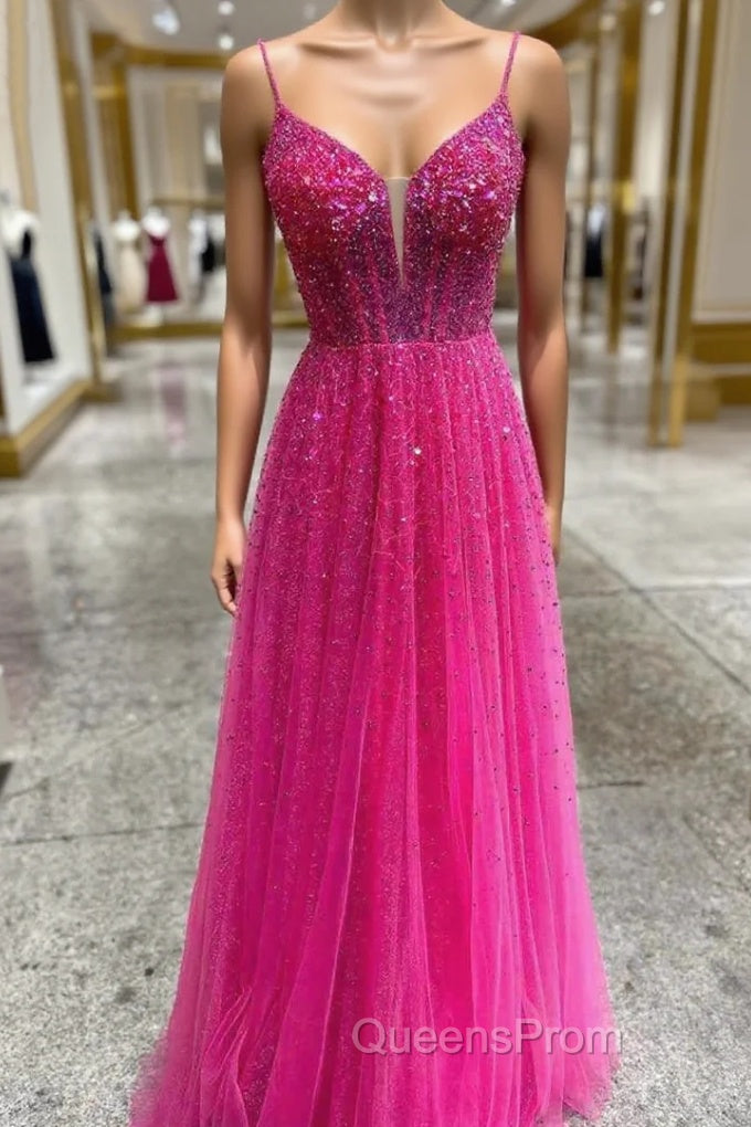 Fuchsia Tulle Spaghetti Straps Evening Prom Dress