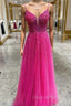 Fuchsia Tulle Spaghetti Straps Evening Prom Dress