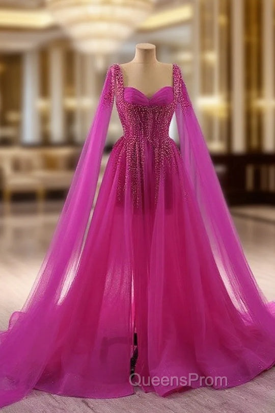 Fuchsia Tulle Square Beading Evening Prom Dress