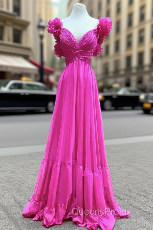 Fuchsia V-neck Pleats Backless Evening Prom Dress