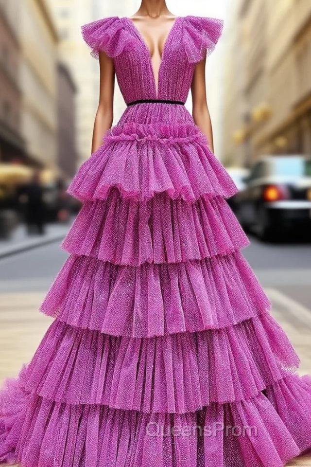 Fuchsia V-neck Pleats Tiers Evening Prom Dress