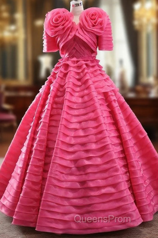 Fuchsia V-neck Tiers Evening Prom Dress With Jacket