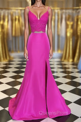Fuchsia V Neck Two Pieces Mermaid Lace Top Satin Long Evening Prom Dress with Slit, Mermaid Lace Fuchsia Formal Graduation Evening Dress