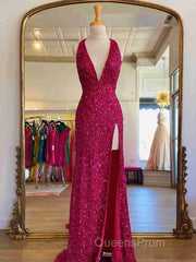 Backless Royal Blue Sequins Evening Prom Gown with Slit