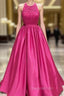 Fuscia Lace Appliques Satin Halter Evening Prom Dress
