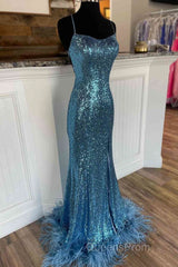 Long Sequined Blue Straps Evening Prom Dress with Feather Hem