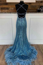 Long Sequined Blue Straps Evening Prom Dress with Feather Hem