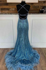 Long Sequined Blue Straps Evening Prom Dress with Feather Hem
