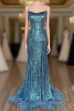 Long Sequined Blue Straps Evening Prom Dress with Feather Hem