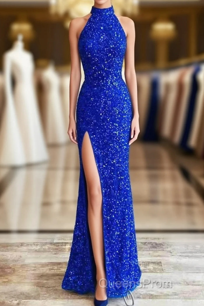 Sequins High Neck Royal Blue Long Party Dress with Slit