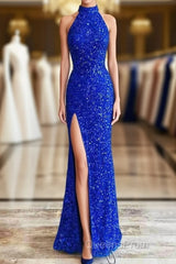 Sequins High Neck Royal Blue Long Party Dress with Slit