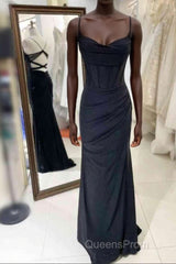 Black Pleated Long Evening Prom Dress with Spaghetti Straps