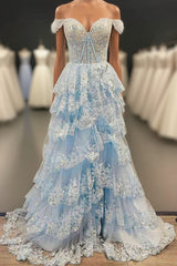 Light Blue Corset Lace Tiered Tulle Long Formal Dress