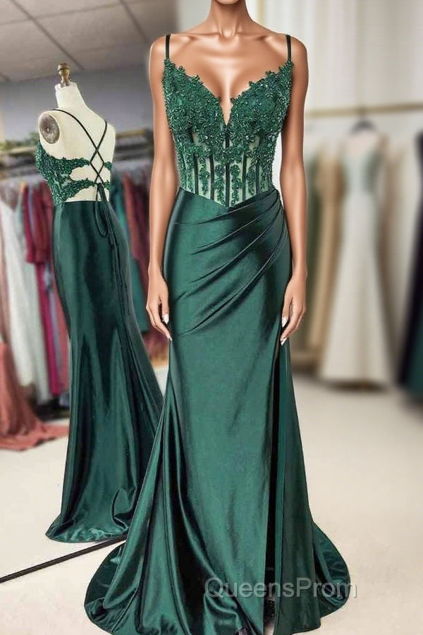 Mermaid Emerald Green Straps Ruched Evening Prom Dress with Slit Main image