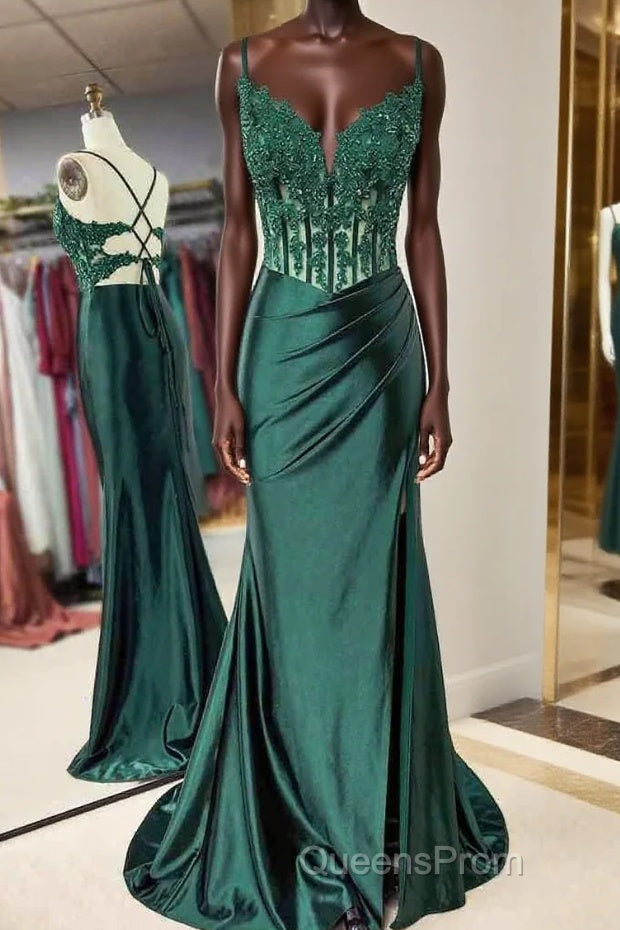 Mermaid Emerald Green Straps Ruched Evening Prom Dress with Slit Main image