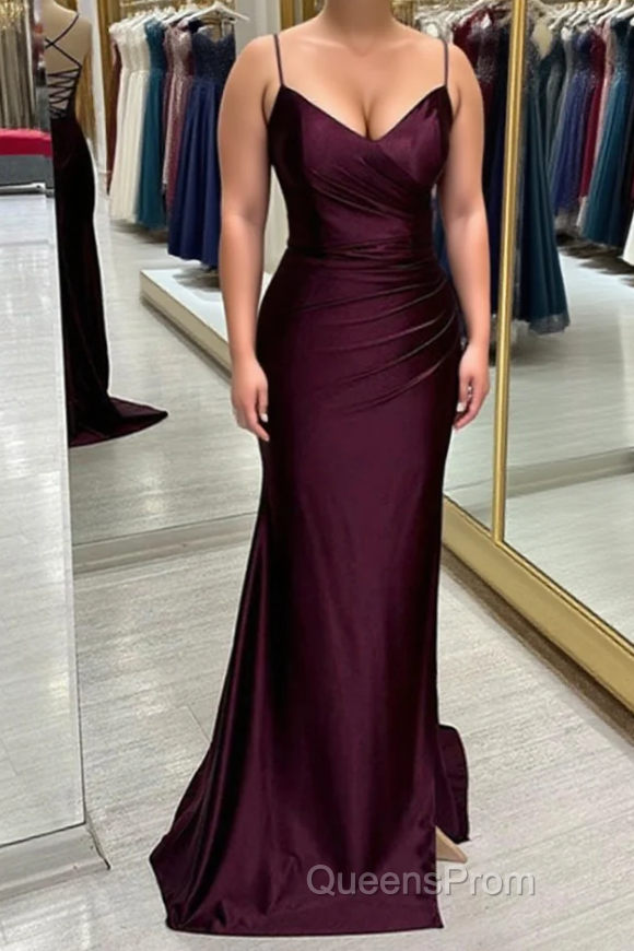 Cabernet Satin V Neck Lace-Up Back Pleated Long Evening Prom Dress with Silt Main image