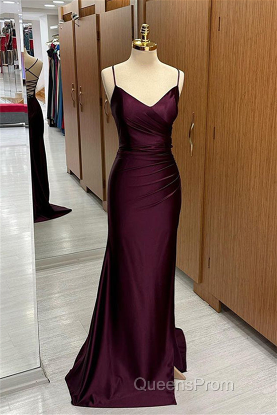Cabernet Satin V Neck Lace-Up Back Pleated Long Evening Prom Dress with Silt Secondary image