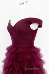 Off the Shoulder Burgundy Pleated Sheer Tiered Evening Prom Dress