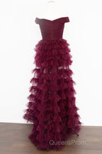 Off the Shoulder Burgundy Pleated Sheer Tiered Evening Prom Dress