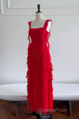 Square Neck Red Ruffle Chiffon Long Party Dress