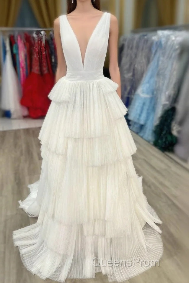 White V-Neck Pleated Layered Long Formal Dress Main image
