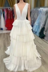 White V-Neck Pleated Layered Long Formal Dress