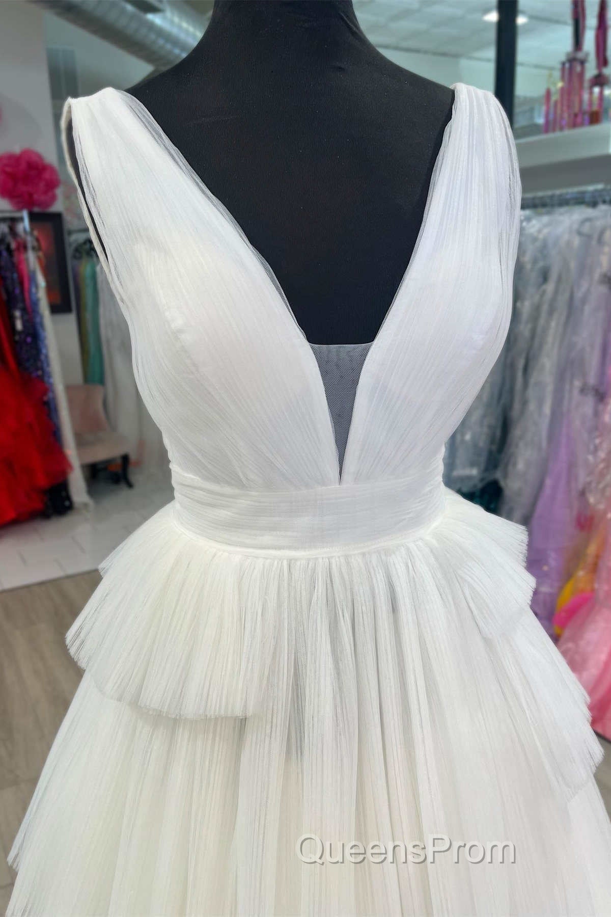 White V-Neck Pleated Layered Long Formal Dress Secondary image