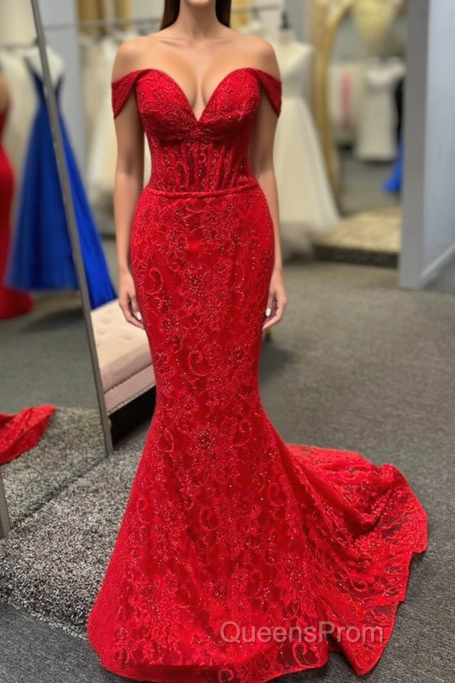 Off the Shoulder Red Sheer Lace Corset Mermaid Evening Prom Dress Main image