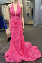 Halter Hot Pink Lace Ruched Mermaid Evening Prom Dress