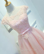 Pink Lace Tulle Short Evening Prom Dress, Pink Evening Dress