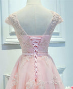 Pink Lace Tulle Short Evening Prom Dress, Pink Evening Dress