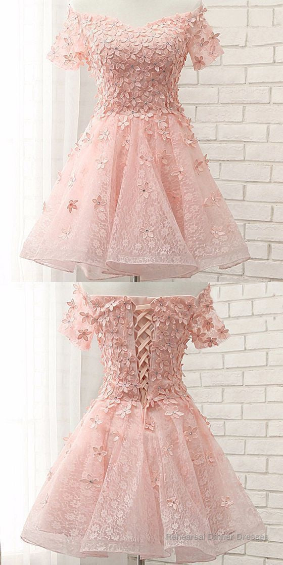 Custom Made Pink Off Shoulder Lace Organza And Floral Applique Short Evening Dress, Formal Dress, Weddings Homecoming Dress Main image