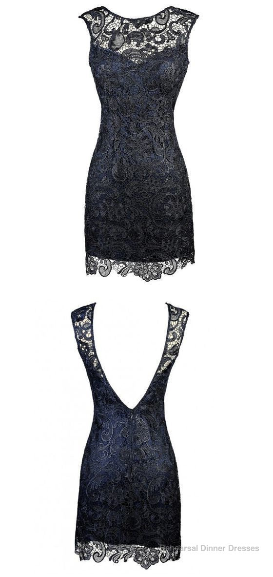 Sheath Bateau Backless Short Navy Blue Lace Mother Of The Bride Dress Main image
